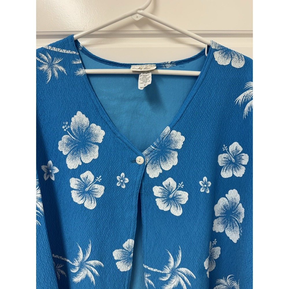 Rendey Vons Blouse 3X Turquoise Tropical Hibiscus One Button Overtop Women A12